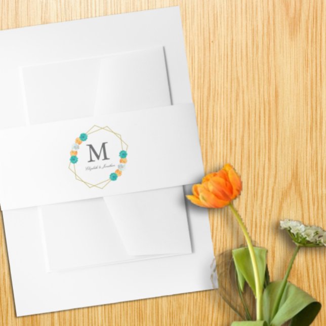 Orange Aquamarin Floral Geometric Wedding Einladungsbanderole (Von Creator hochgeladen)
