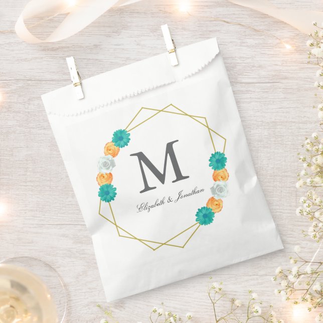 Orange Aquamarin Floral Geometric Wedding Geschenktütchen (Ausgeschnitten)