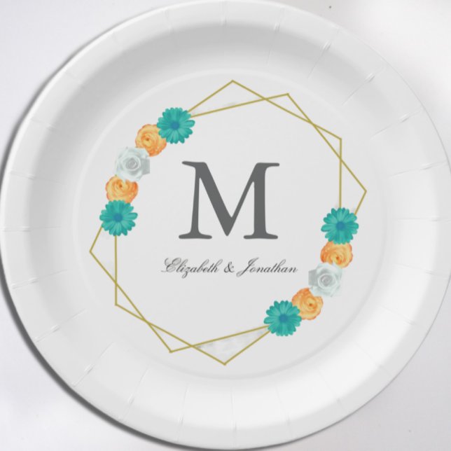 Orange Aquamarin Floral Geometric Wedding Pappteller (Von Creator hochgeladen)