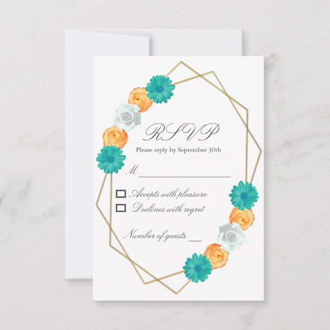 Orange Aquamarin Floral Geometric Wedding RSVP Karte (Vorderseite)
