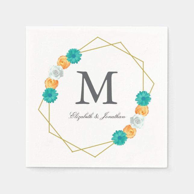Orange Aquamarin Floral Geometric Wedding Serviette (Vorderseite)