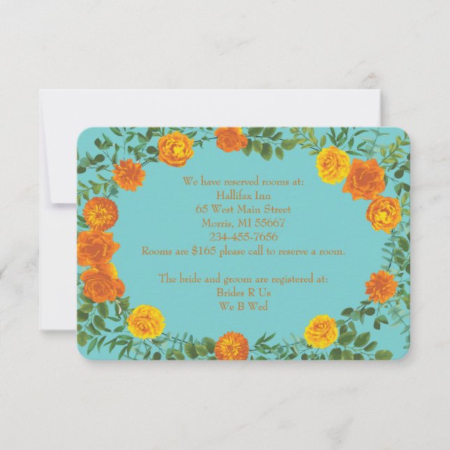 Orange & Aquamarine Aqua Peony Rose Informationen Einladung (Vorderseite)