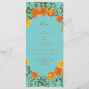 Orange & Aquamarine Aqua Peony & Rose Wedding Menu Menükarte