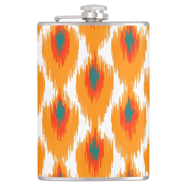 Orange Aquamarines Abstraktes Tribal Ikat Diamond  Flachmann (Vorderseite)