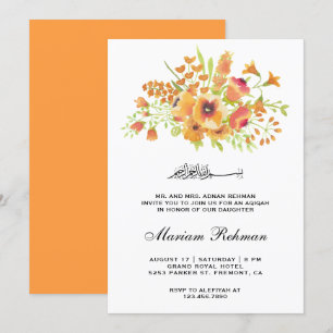 Orange Aquarell Blumen Mädchen Aqiqah-Einladung Einladung