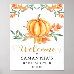 Orange Aquarell-Kürbis Gold Herbst-Baby-Party Poster