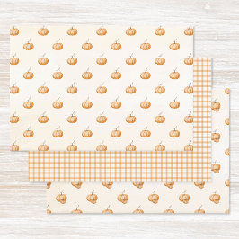 Orange Aquarell-Kürbisse Gingham-Muster Herbst Geschenkpapier Set