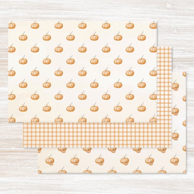 Orange Aquarell-Kürbisse Gingham-Muster Herbst Geschenkpapier Set (Pumpkin gift wrap. Fall Autumn Thanksgiving watercolor pumpkins et orange gingham plaid pattern mix.)