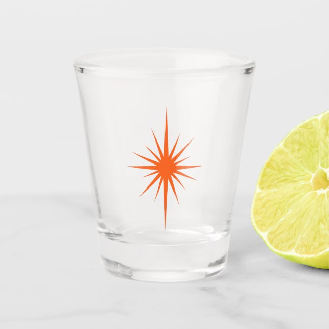 Orange Atomage Sternexplosion Retro Mitte Jahrhund Schnapsglas (Vorderseite)