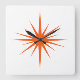 Orange Atomic Sternexplosion Mitte Jahrhundert Mod Quadratische Wanduhr
