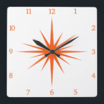 Orange Atomnummer Mitte des Jahrhunderts Sternexpl Quadratische Wanduhr<br><div class="desc">Die moderne quadratische Uhr verfügt über eine fett orangefarbene Sternexplosion mit passenden Zahlen, die eine fantastische Ergänzung zu den Wänden Ihrer Zuhause oder Ihres Büros darstellt!</div>