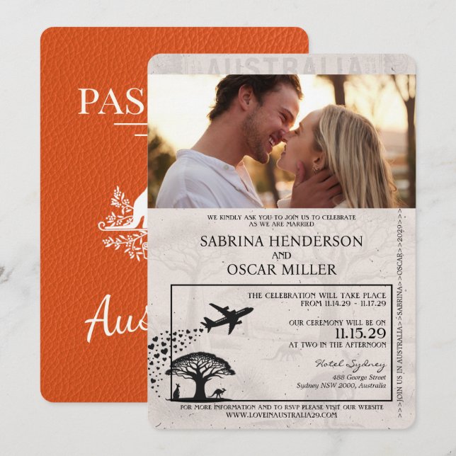 Orange Australia Passport Wedding Einladung (Vorne/Hinten)