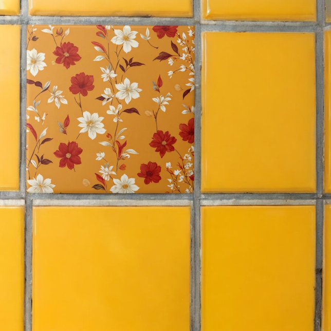 Orange Autumn Boho Vintages Blumenmuster Fliese (Von Creator hochgeladen)
