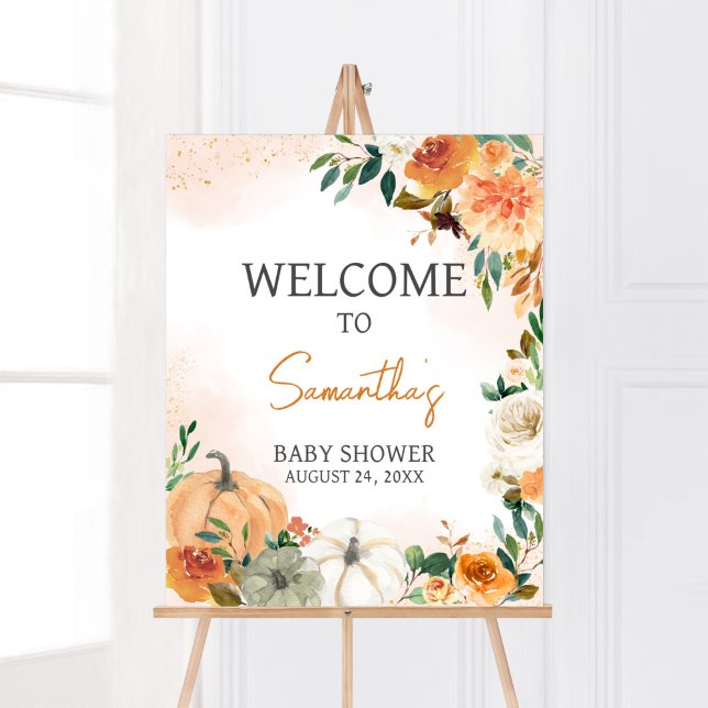 Orange Autumn Fall Floral Pumpkin Willkommen Poster (Autumn Floral Pumpkin Baby Shower Welcome Sign)