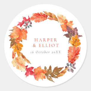Orange Autumn Leaves Wreath Hochzeit im Herbst Runder Aufkleber