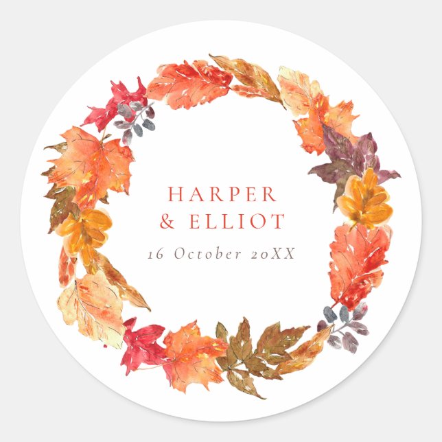 Orange Autumn Leaves Wreath Hochzeit im Herbst Runder Aufkleber (Vorderseite)
