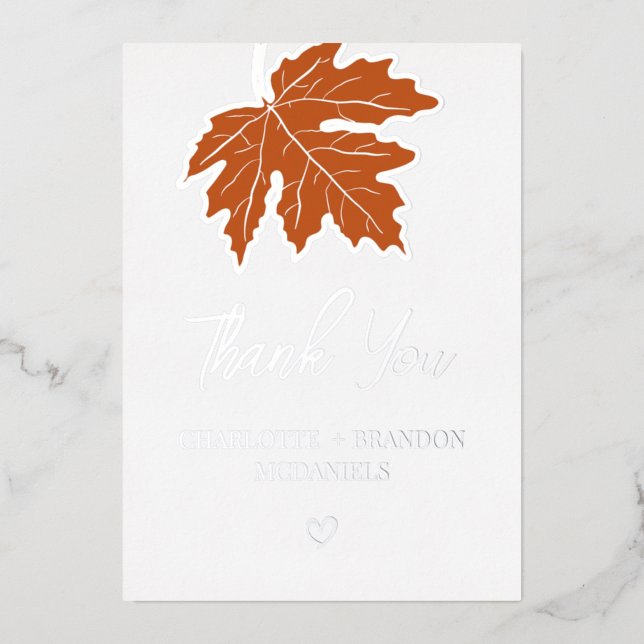 Orange Autumn Maple Leaf Wedding Danke Silver Folieneinladung (Vorderseite)
