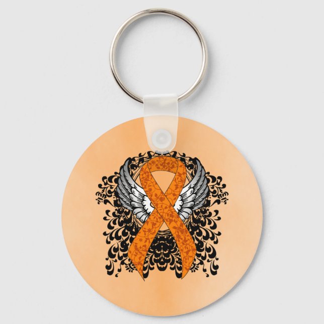Orange Awareness Ribbon mit Flügeln Schlüsselanhänger (Vorderseite)