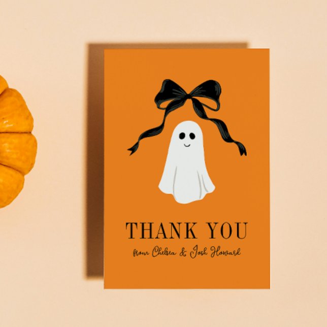 Orange Baby Boo Ghost Halloween Merci (orange halloween baby shower thank you card for the little boo that's almost due with a ghost)