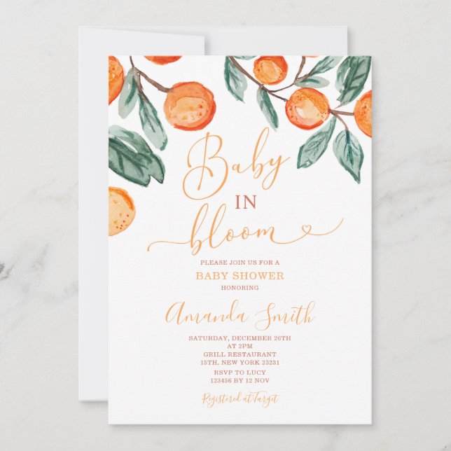Orange Baby in Blüte Summer Baby Dusche Einladung (Vorderseite)