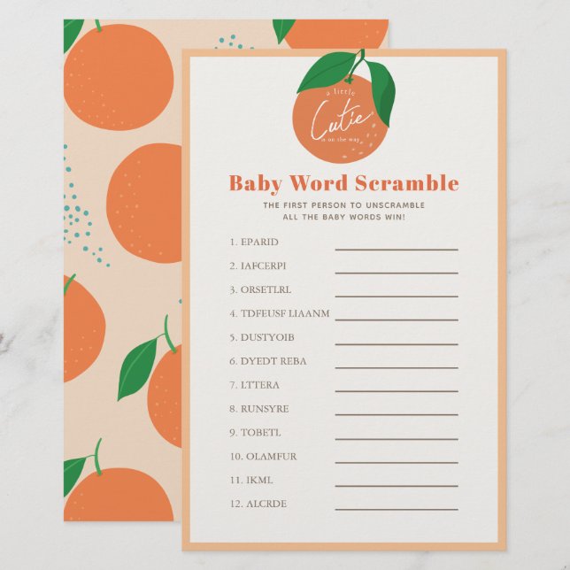 Orange Baby Word Scramble Baby Showspiel (Vorne/Hinten)