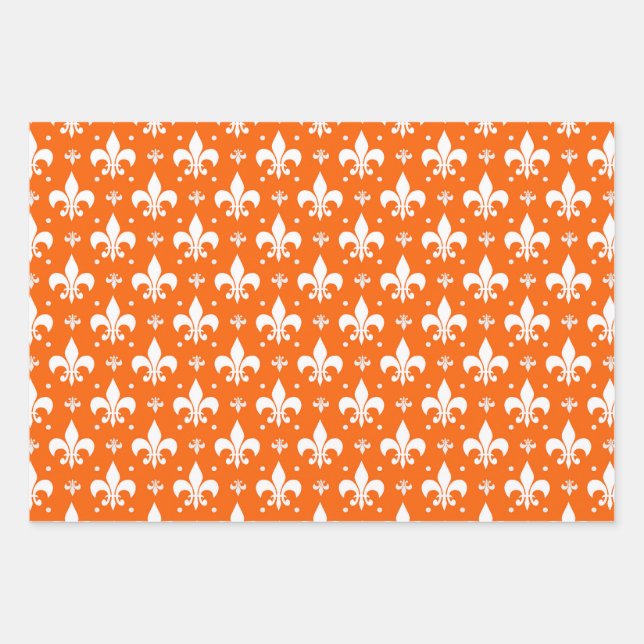 Orange Background Fleur-de-lis Muster Design Geschenkpapier Set (Vorderseite)