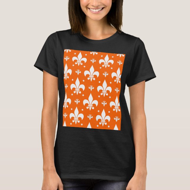 Orange Background Fleur-de-lis Muster Design T-Shirt (Vorderseite)