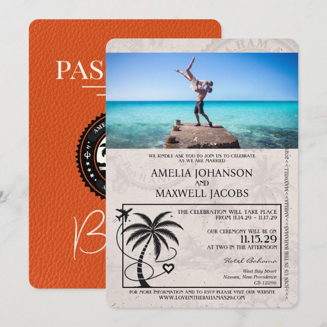 Orange Bahamas Passport Wedding Einladung (Vorne/Hinten)