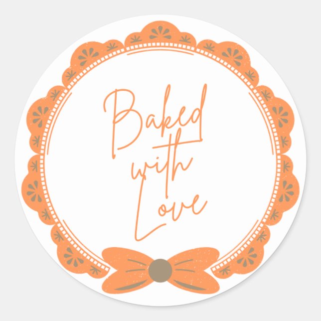 Orange 'Baked With Love' Round Sticker (Devant)