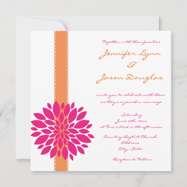 Orange Band-Rosa-Blumen-Hochzeits-Einladungen Einladung (Vorderseite)