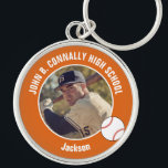 Orange Baseball Player Photo High School Spirit Schlüsselanhänger<br><div class="desc">This cool customized high school baseball player photo gift features white typography of your team and player name on an orange keychain with a ball. Personalize with your student's photograph and class year as a proud sports parent. A mom and dad can wear these buttons to sports games.</div>