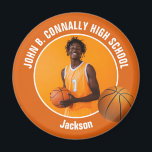 Orange Basketball Player High School Photo Magnet<br><div class="desc">This cool customized high school basketball player photo gift features white typography of your team and player name on an orange magnet with a ball. Personalize with your student's photograph and class year as a proud sports parent.</div>