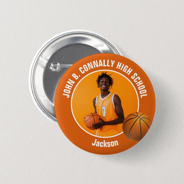 Orange Basketball Player Photo High School Spirit Button (Vorne & Hinten)