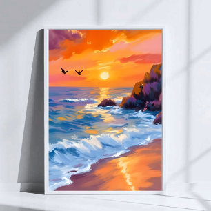 Orange Beach Sonnenuntergang Küstenmalerei Poster