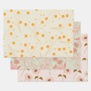 Orange Beige Retro Y2K 70er Blume Muster Geschenkpapier Set
