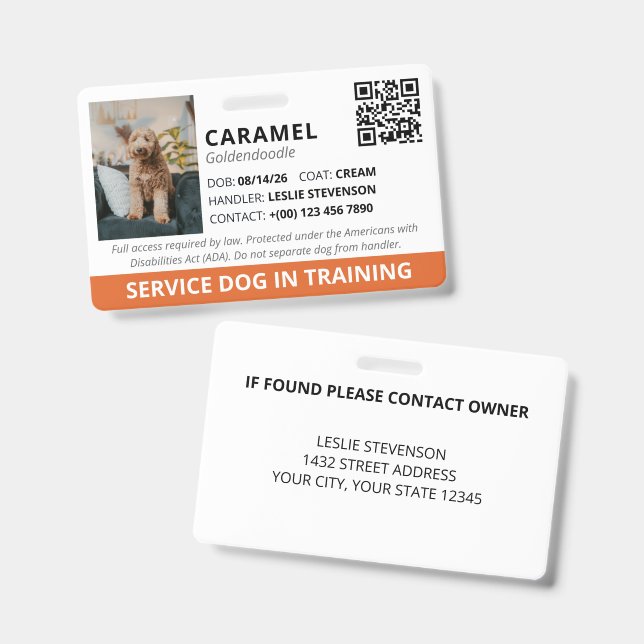 Orange Benutzerdefinierter QR-Code Servicehund in  Ausweis (Vorder- & Rückseite)
