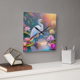 Orange Billed White Heron Fantasy Bird Quadratische Wanduhr