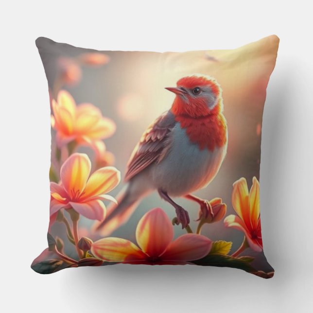 Orange Bird Floral Throw Pillow Kissen (Vorderseite)