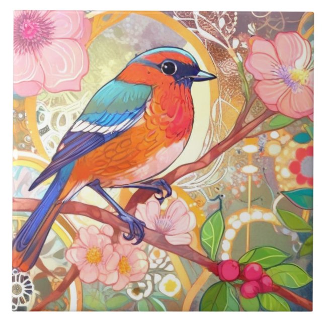 Orange Bird Girly Pink Spring Blume Fliese (Vorderseite)