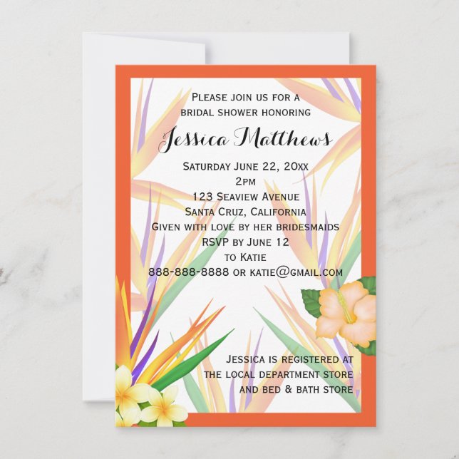 Orange Bird of Paradise Brautparty Hochzeit Einladung (Vorderseite)