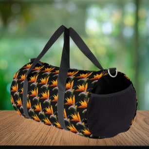 Orange Bird of Paradise Pflanze Pattern auf Schwar Duffle Bag