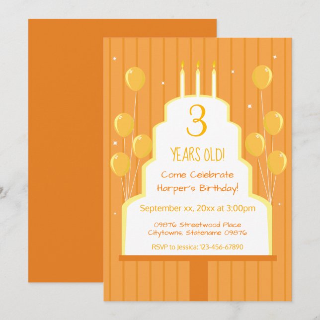 Orange Birthday Cake und Balloons | Einladung (Vorne/Hinten)