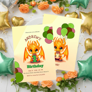 Orange Birthday Dragon invitation Einladung