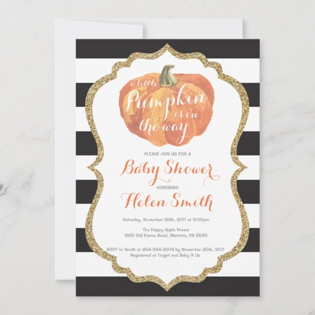 Orange Black and Gold Pumpkin Baby Dusche Einladung (Vorderseite)