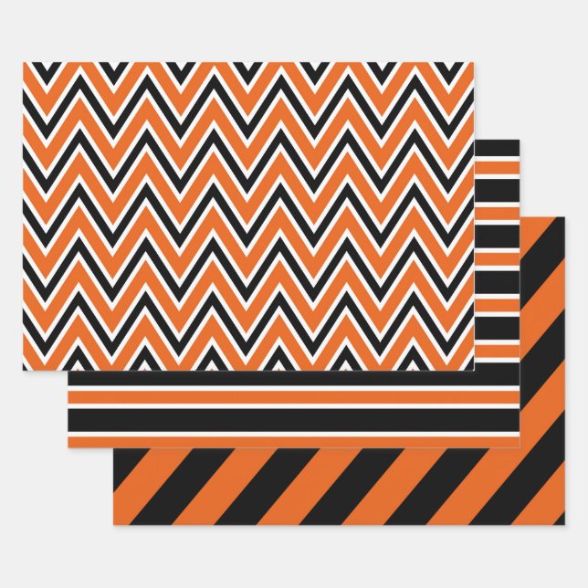 Orange, Black, and White Chevron & Stripe Patterns Geschenkpapier Set (Set)