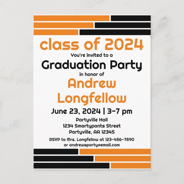 Orange & Black Bars Graduation Party Einladungspostkarte (Vorderseite)