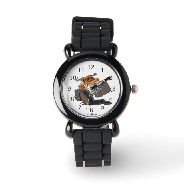 Orange Black Boys Monster Truck Individuelle Name Armbanduhr (Vorderseite)