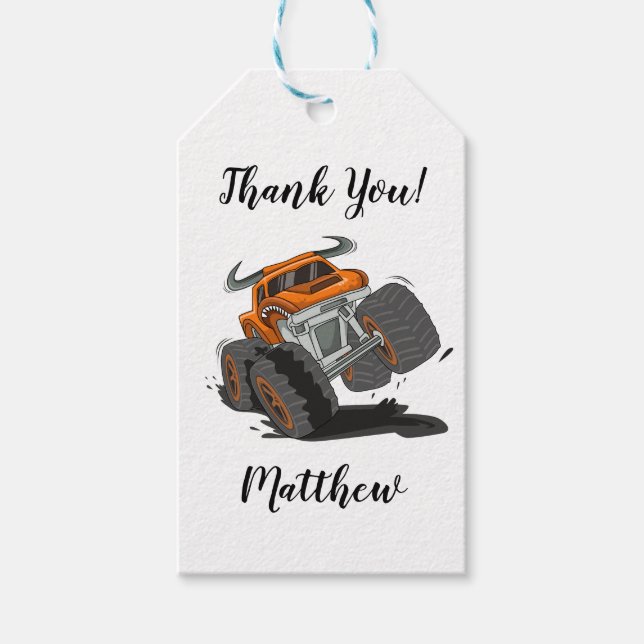 Orange Black Boys' Monster Truck Name Danke Geschenkanhänger (Vorderseite)