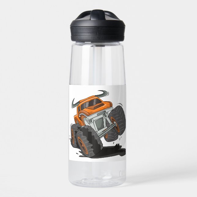 Orange Black Boys' Monster Truck Name Personalisie Trinkflasche (Vorne)