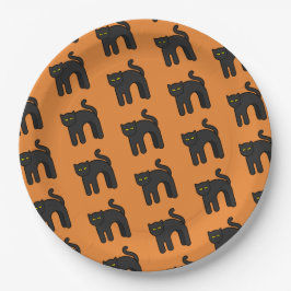 Orange Black Cat Pattern Halloween-Party Pappteller